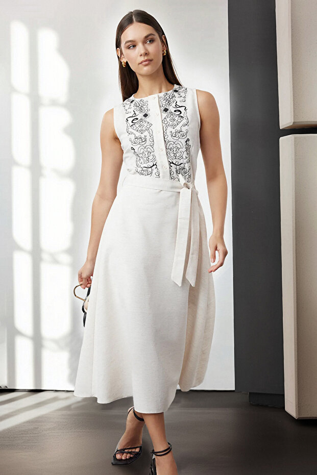 White Belted Embroidered Midi Woven Dress Twoss24El00959