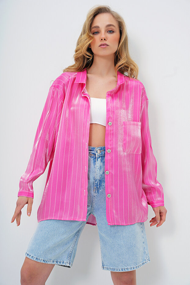 Women's Pink Single Pocket Oversize Satin Shirt Alc-X13687