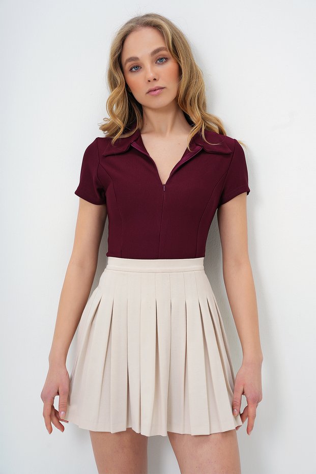 Women's Burgundy Shirt Collar Hidden Zipper Ottoban Blouse Alc-X13712