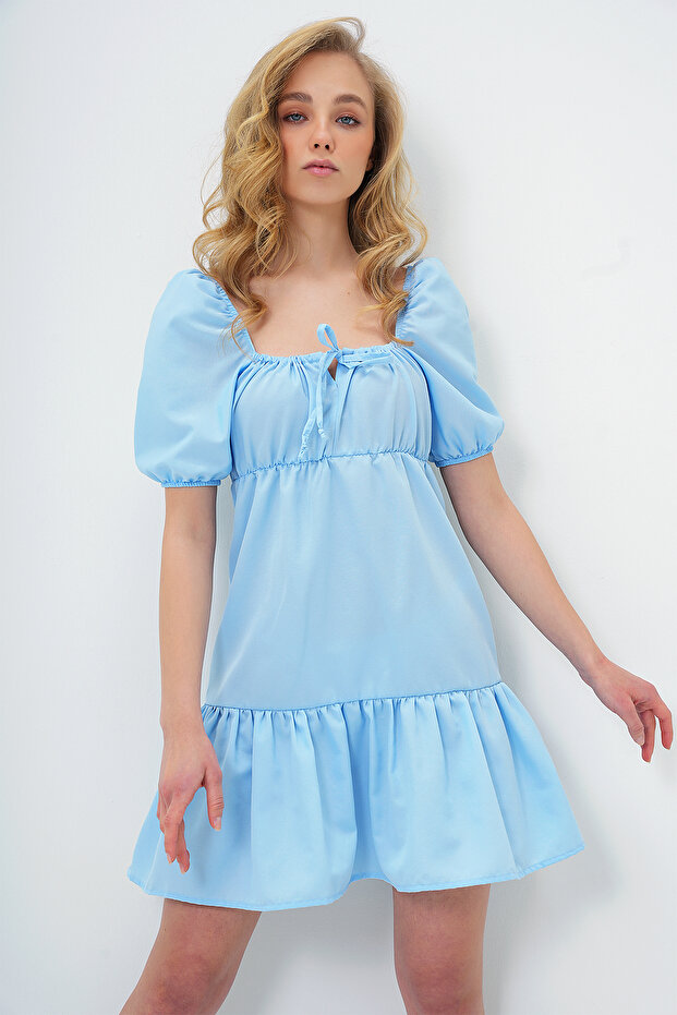 Kadın Bebe Mavi Kare Yaka Balon Kol Poplin Mini Elbise ALC-X13594 - 6