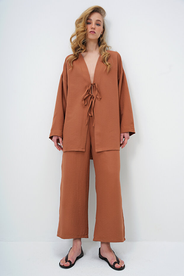 Women's Brown Lace-Up Front Kimono Jacket and Palazzo Pants Set Alc-X12452