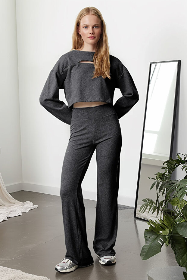 Antrasit Wide Leg/İspanyol Paça Yüksek Bel İnterlok Esnek Örme Pantolon TWOAW25PL00006