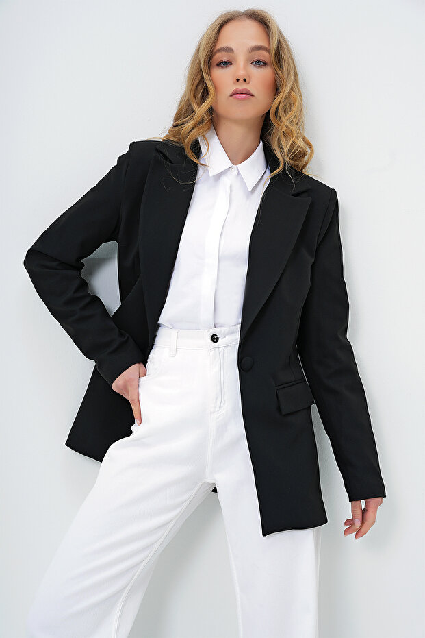 Women's Black Lined Single Button Blazer Jacket Alc-X13751