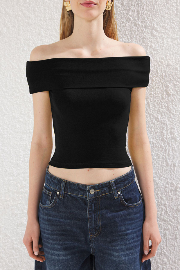 Siyah Carmen Yaka Fitted/Vücuda Oturan Örme Bluz TWOSS25BZ00126 - 2