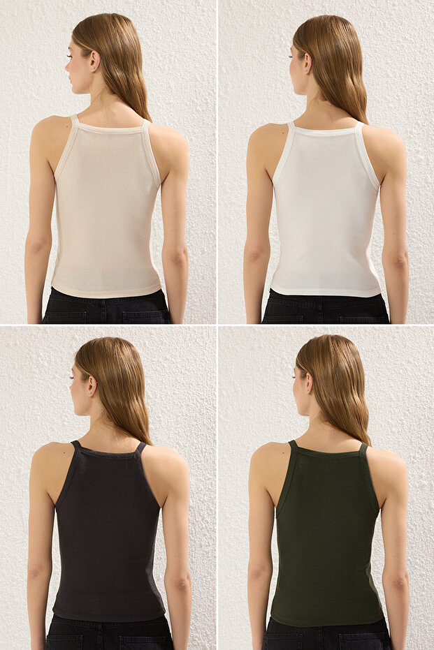 Antrasit-Ekru-Bej-Haki 4'lü Paket Vücuda Oturan Crop Esnek Örme Atlet TWOSS25AL00056 - 6