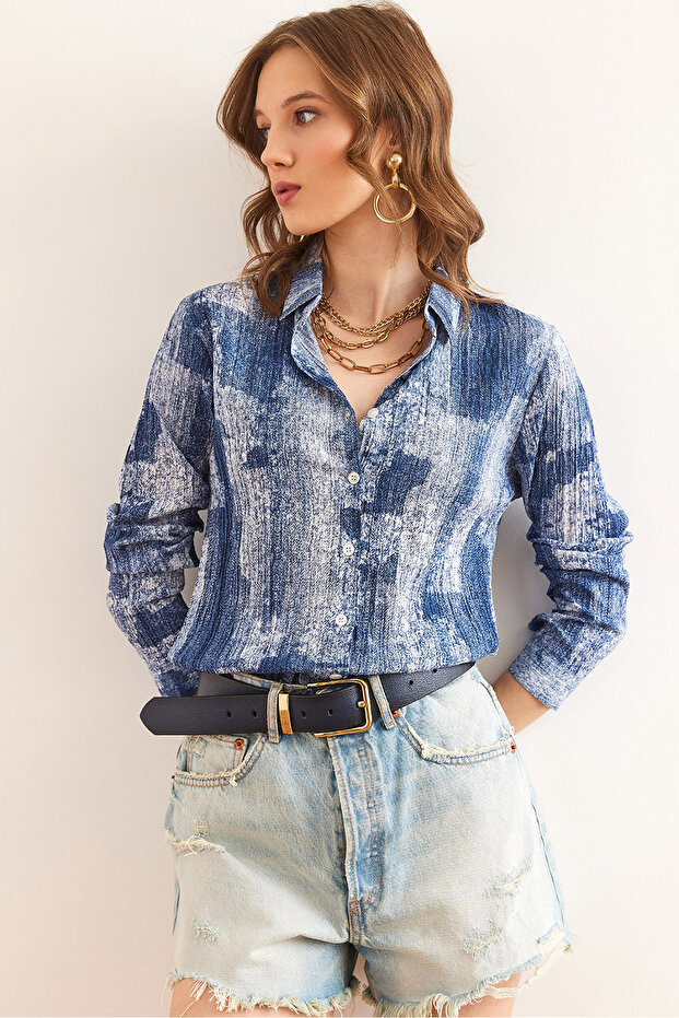 Women's Indigo Color Transition Textured Regular Fit Shirt Gml- 19001297