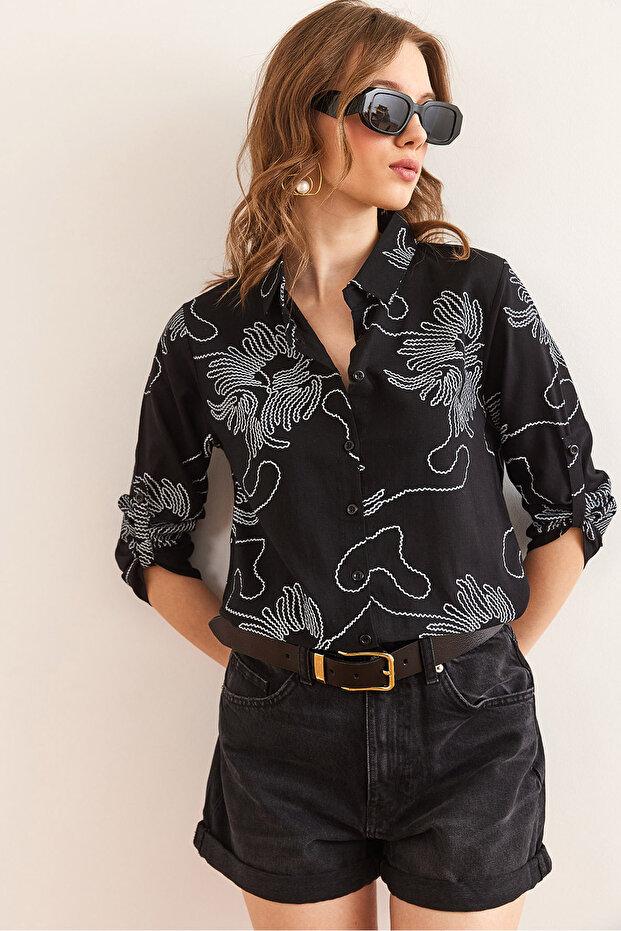 Women's Chain Black Sleeve Fold Linen Shirt Gml- 19000825