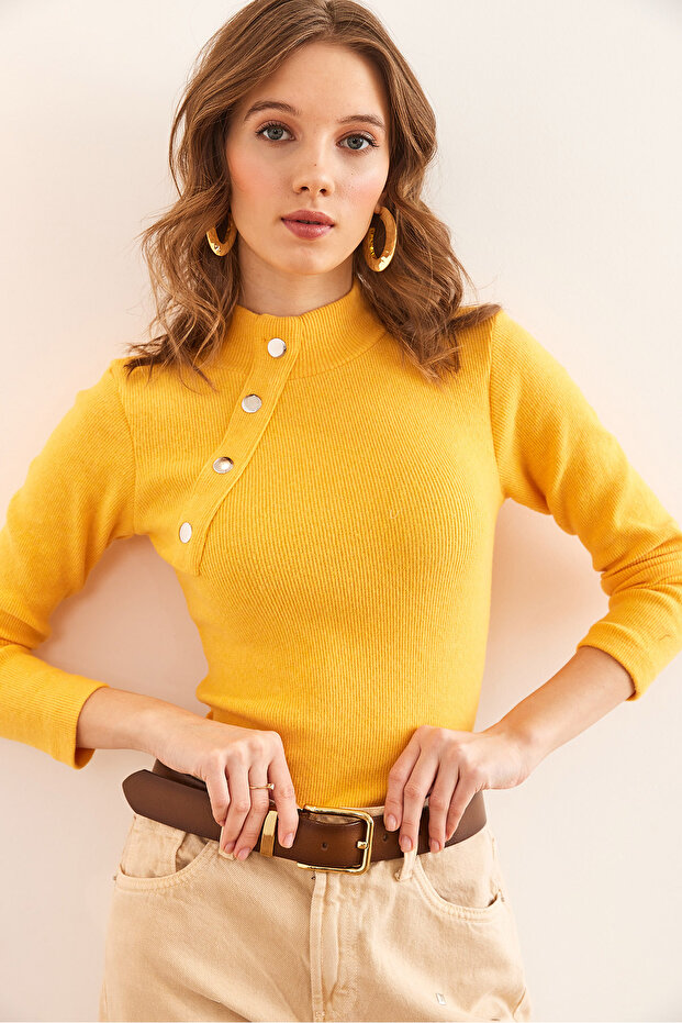 Dámská žlutá, detailní rybářská lycrová halenka s knoflíky BLZ-19001608 - 3