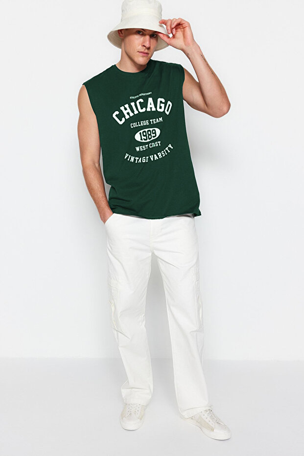 Zümrüt Yeşili Oversize/Geniş Kesim Şehir Baskılı %100 Pamuk Kolsuz T-Shirt/Atlet TMNSS23AL00008 - 2