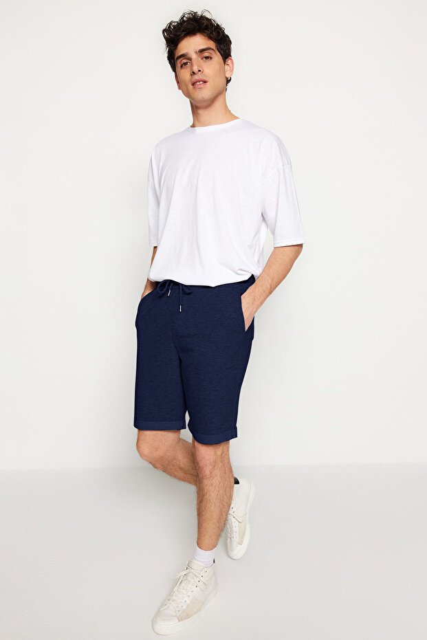 Indigo Regular/Normal Kesim Orta Boy Lastik Belli Bağcıklı Duble Paça Şort TMNSS21SR0046 - 7