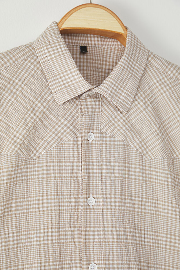 Bej Oversize Kareli Kırışık efektli Gömlek TMNSS25GO00047 - 6