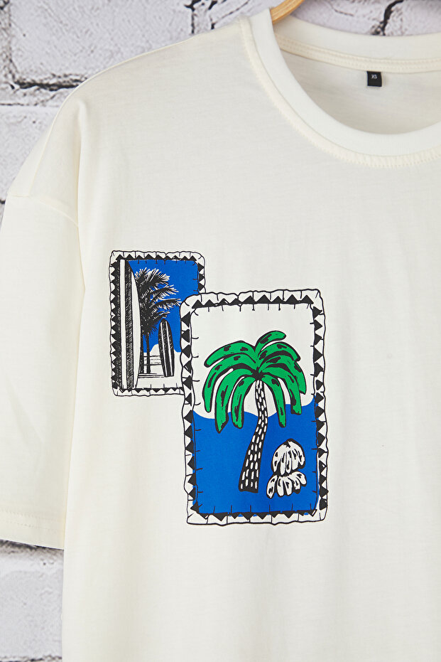 Ekru Oversize/Geniş Kesim Tropikal Baskılı %100 Pamuk T-Shirt TMNSS25TS00219 - 3