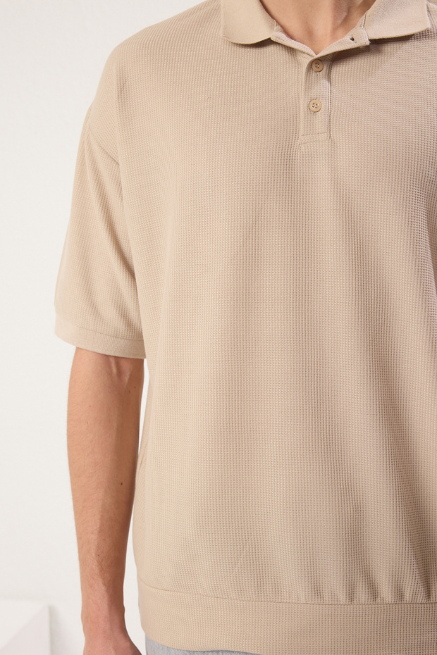 Taş Oversize/Geniş Kesim Dokulu Polo Yaka T-shirt TMNSS25PO00003 - 4