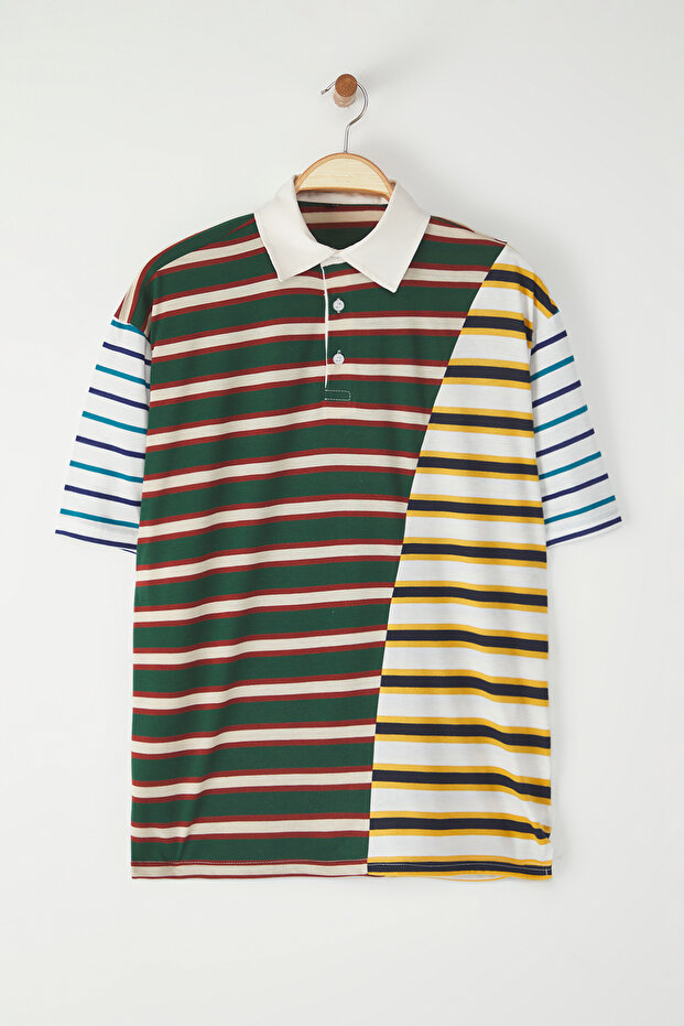 Çok Renki Oversize/Geniş Kesim Çizgili Polo Yaka T-shirt TMNSS25PO00038 - 5