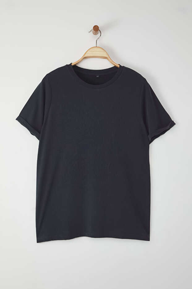Antrasit Bisiklet Yaka Modal Dökümlü Rahat Büyük Beden T-shirt TBBSS25BF00054 - 5