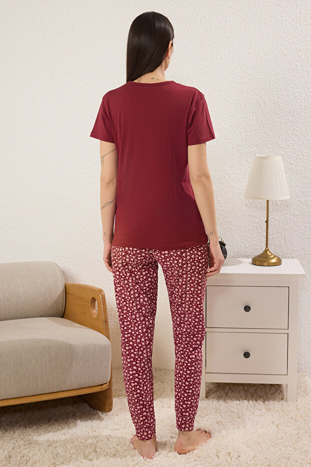 Bordo %100 Pamuklu Çiçekli Sloganlı Örme Pijama Takımı THMSS25PT00382 - 4