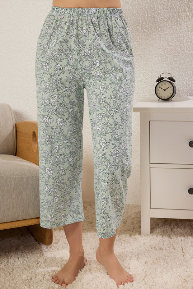 Yeşil %100 Pamuklu Çiçekli Kapri Örme Pijama Takımı THMSS24PT00210 - 3