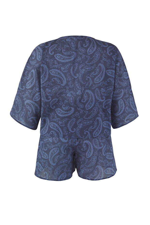 Mavi Şal Desen Bağlama Detaylı Beachwear Büyük Beden Alt-Üst Takım TBBSS25CP00001 - 7