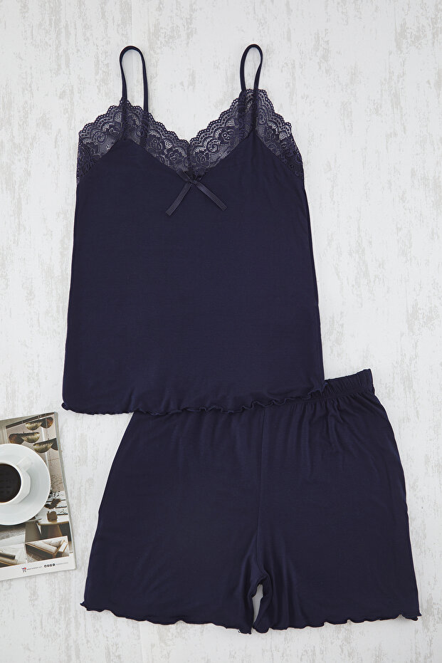 Lacivert V Yaka Dantelli Örme Pijama Takımı TBBSS25AI00098 - 2