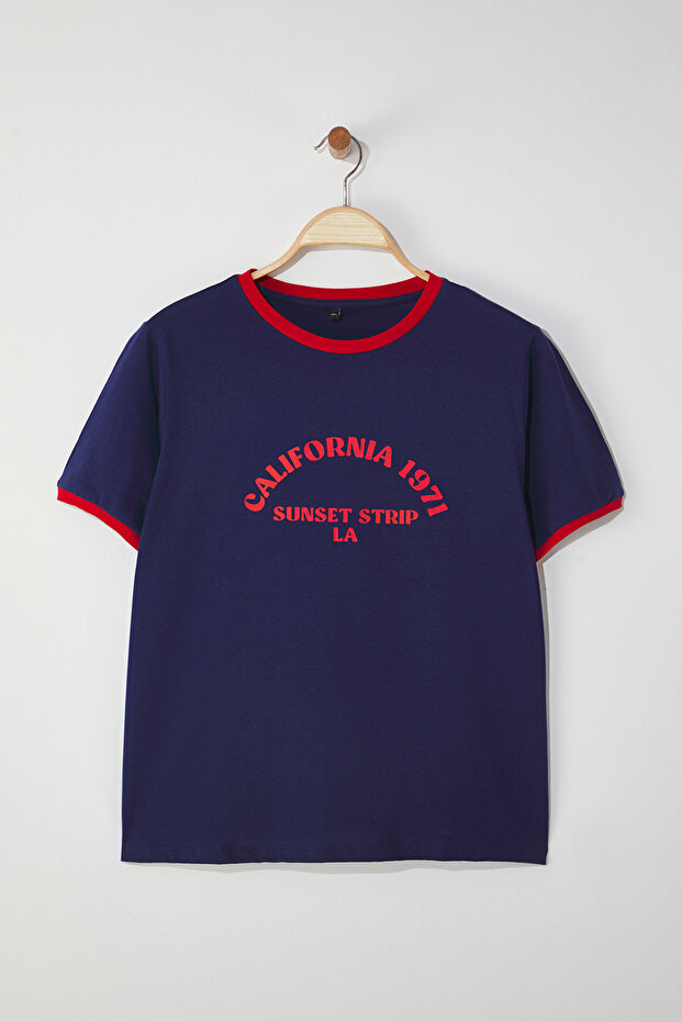 Lacivert Bisiklet Yaka Basklı Örme Büyük Beden T-Shirt TBBSS25BF00014 - 5