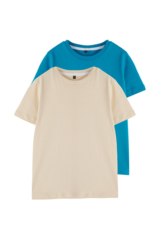 Petrol-Bej Pamuklu 2'li Basic Kısa Kol Erkek Çocuk Örme T-Shirt TKDSS25TS00010 - 1