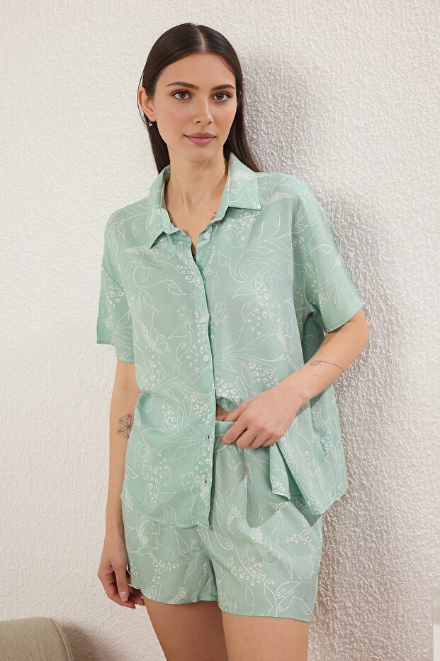 Mint Hayvan Desenli Viskon Şortlu Dokuma Pijama Takımı THMSS25PT00315 - 1