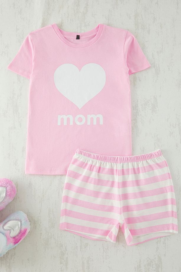Pembe Kız Çocuk %100 Pamuk Mini Me/Anne-Kız T-Shirt Şort Örme Pijama Takımı TKDSS25PT00028 - 3
