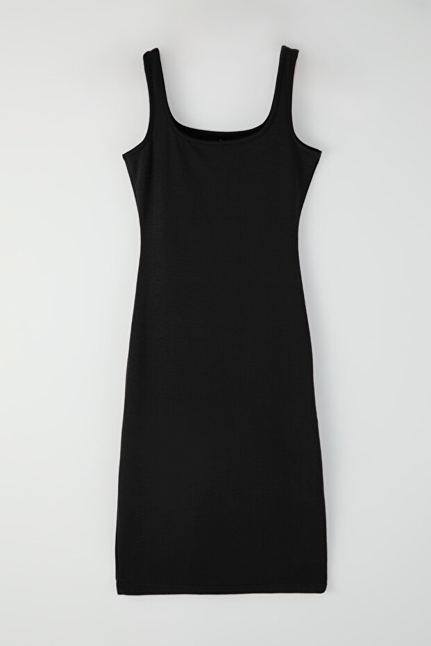 Siyah Midi Bodycone/Vücuda Oturan Örme Elbise TWOSS25EL00774 - 5