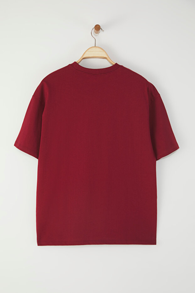 Bordo %100 Kalın Pamuklu Oversize/Geniş Kalıp Bisiklet Yaka Örme T-Shirt TWOSS23TS00040 - 9