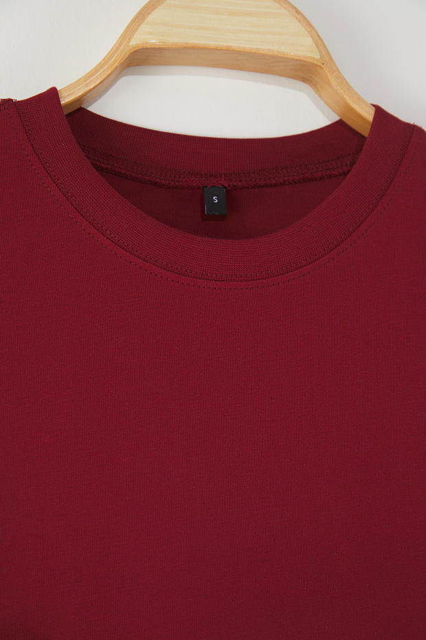 Bordo %100 Kalın Pamuklu Oversize/Geniş Kalıp Bisiklet Yaka Örme T-Shirt TWOSS23TS00040 - 7