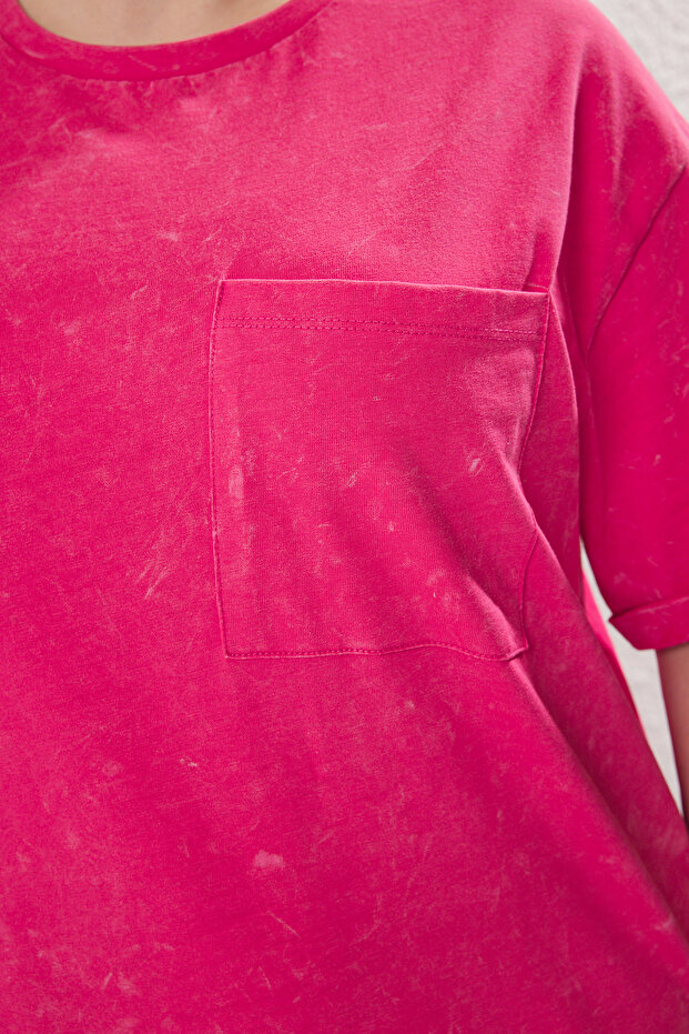 Crew Neck rózsaszín mosott nagy méretű póló ruha - TBBSS25AH00007 - 3
