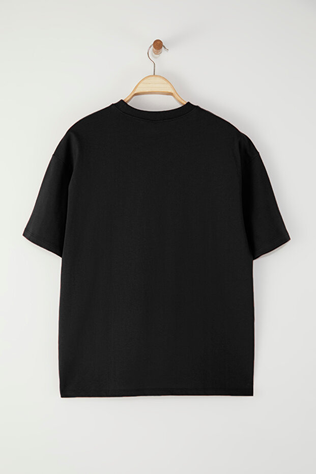 Siyah Oversize/Geniş Kesim Nakış Detaylı %100 Pamuk T-Shirt TMNSS25TS00199 - 7