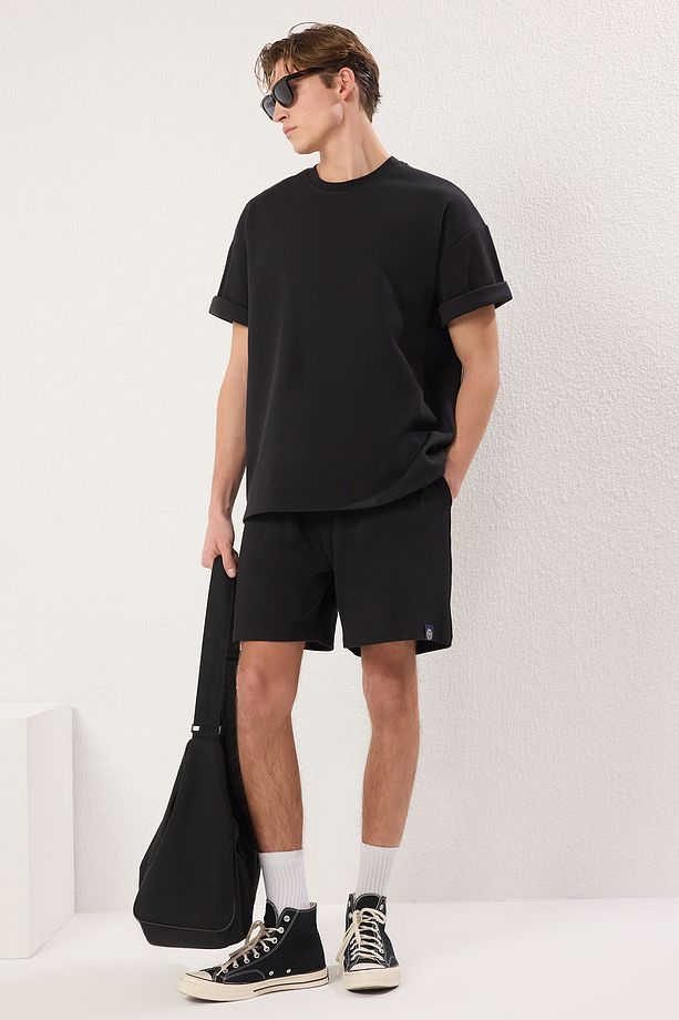 Siyah Oversize Kalın %100 Pamuk Tshirt Şort Eşofman Takımı - 2