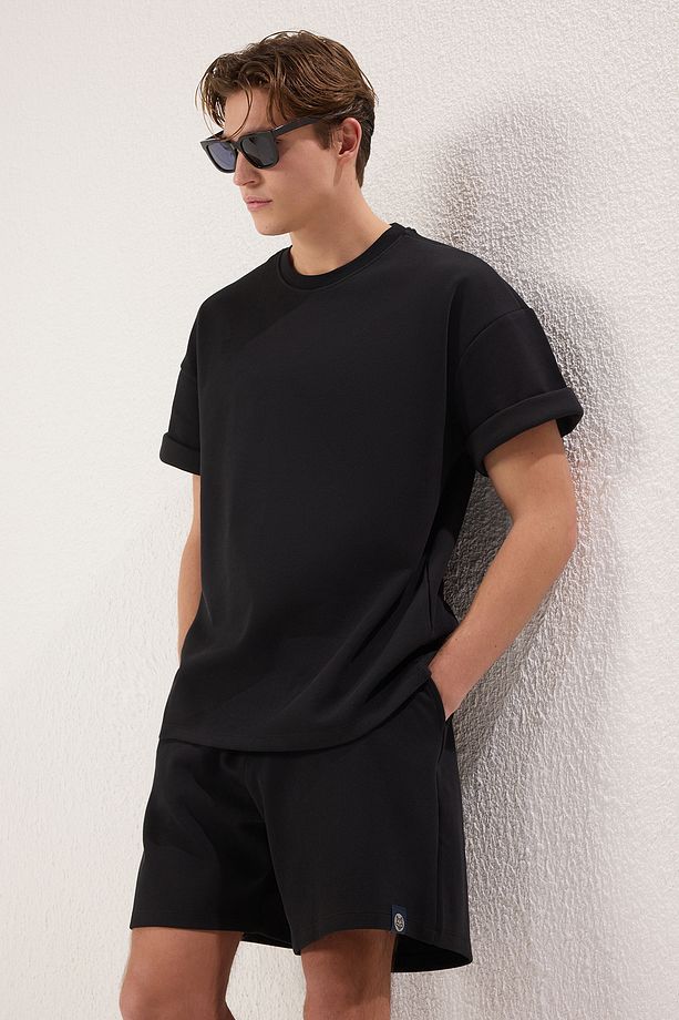 Siyah Oversize Kalın %100 Pamuk Tshirt Şort Eşofman Takımı - 3