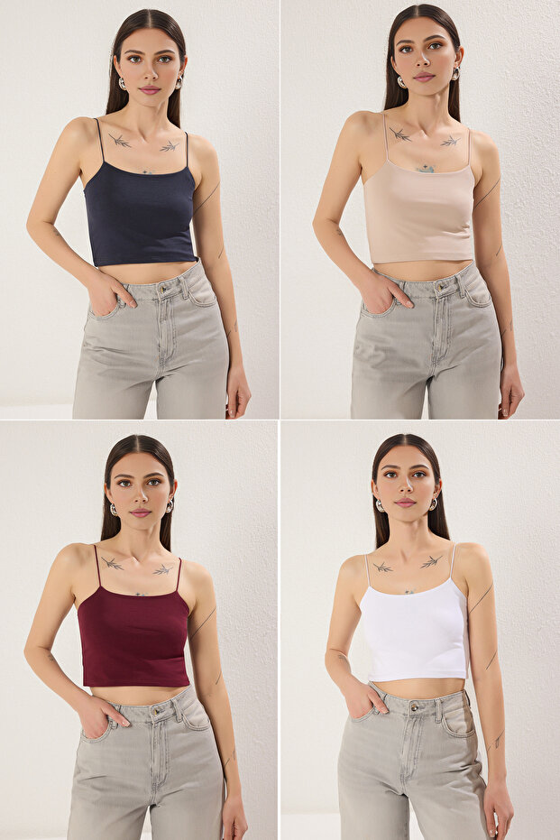 Antrasit-Beyaz-Bordo-Bej 4'lü Paket Askılı Crop Vücuda Oturan Esnek Örme Atlet TWOSS25AL00051 - 1