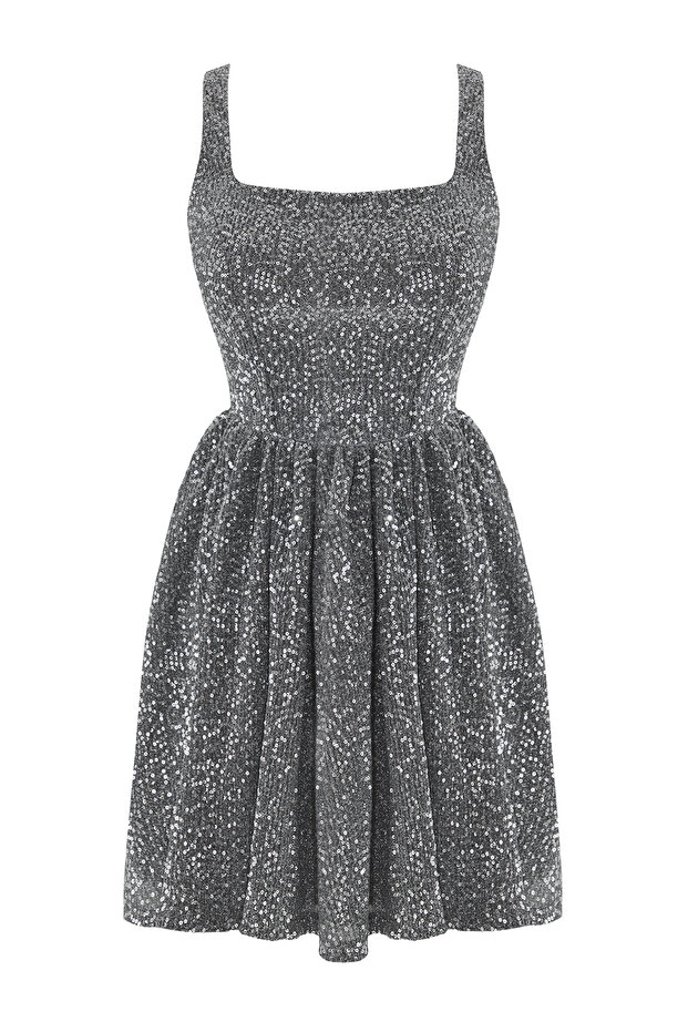 Stříbrná sukně Flitrové mini večerní šaty s rozepínáním v pase Večerní šaty pro návrat domů TPRSS25EL00286 - 5