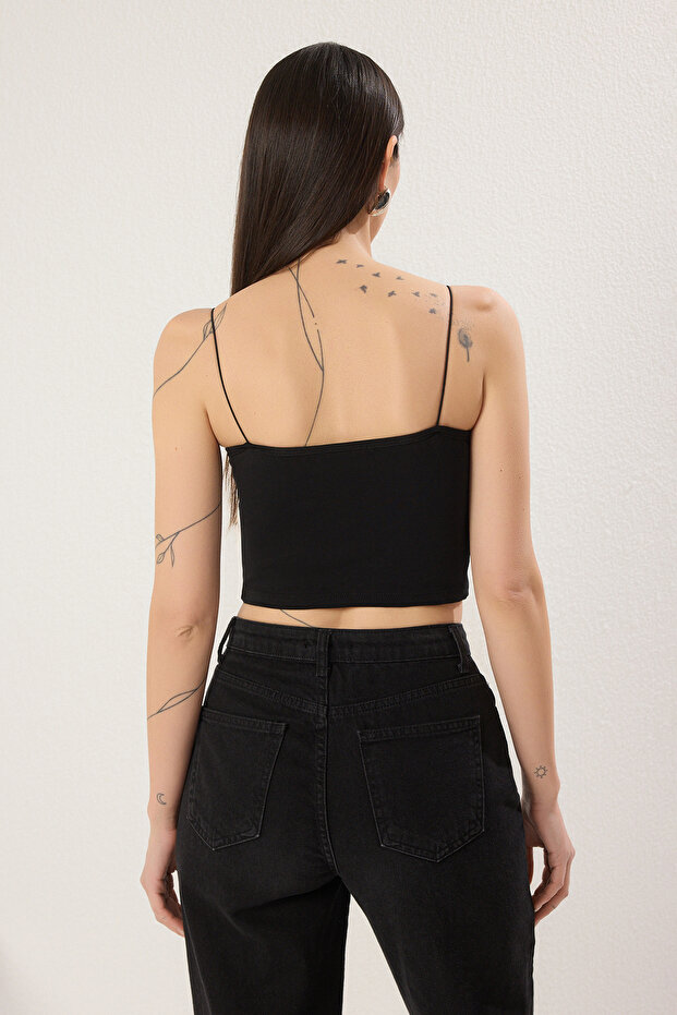 Siyah-Ekru-Yeşil 3'lü Paket Askılı Crop Vücuda Oturan Esnek Örme Atlet TWOSS25AL00051 - 7