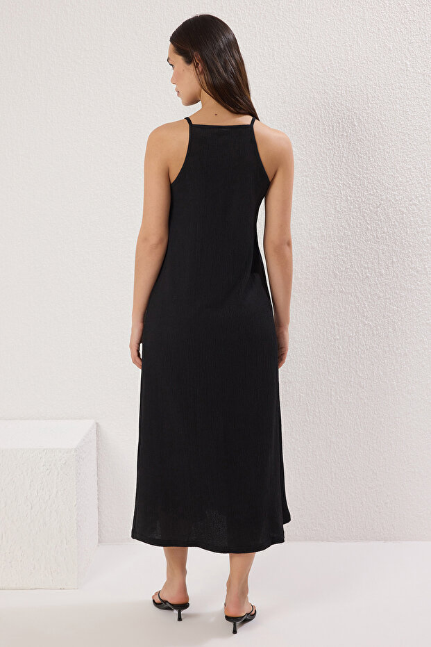 Siyah Midi Halter Yaka Bodycone/Vücuda Oturan Örme Elbise TWOSS25EL00160 - 4