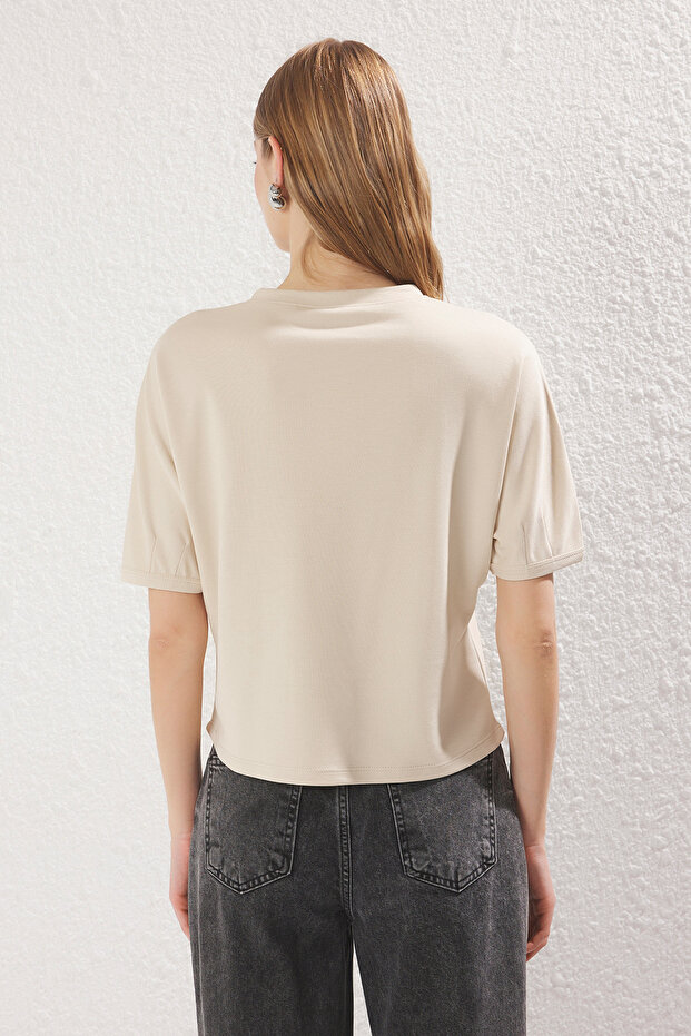 Taş Relaxed/Rahat Kalıp Crop Esnek Örme Bluz TWOSS25BZ00403 - 4
