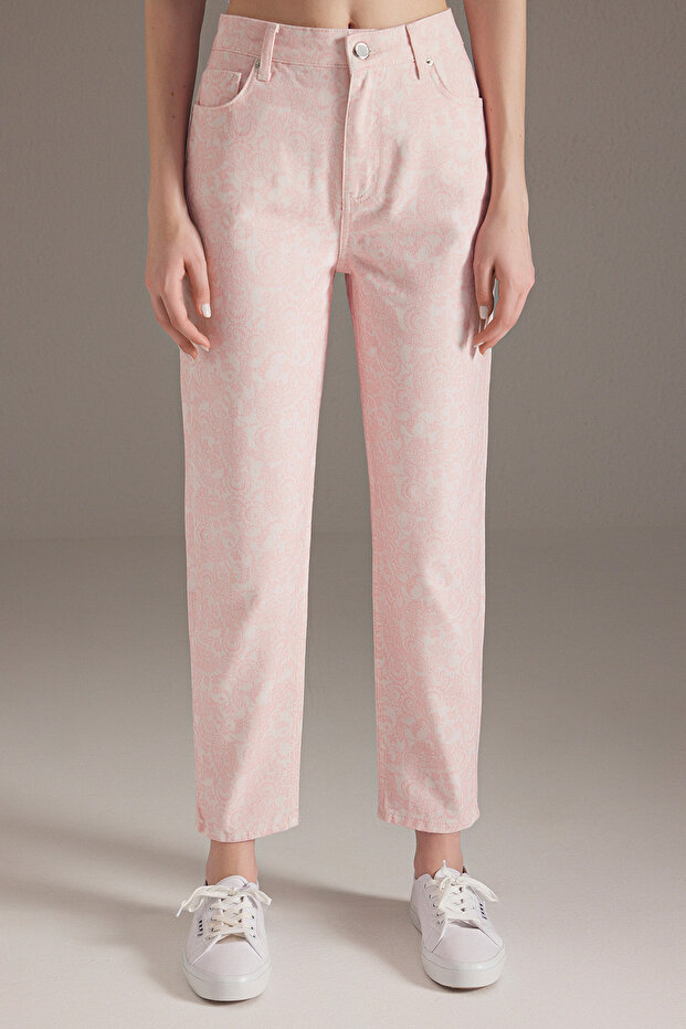 Pembe Şal Desenli Yüksek Bel Mom Jeans TWOSS25JE00237 - 1