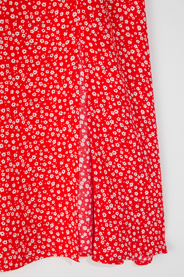 Czerwona, jaskrawo-kwiatowa, rozcięta, tkana spódnica midi z wiskozy TBBSS22AZ0001 - 6