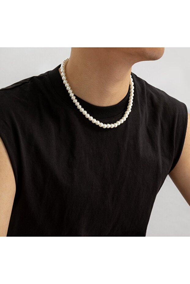 White Simple Imitation-Pearl Beaded Short Choker Necklace for Men Trendy White Beaded Chains on Neck