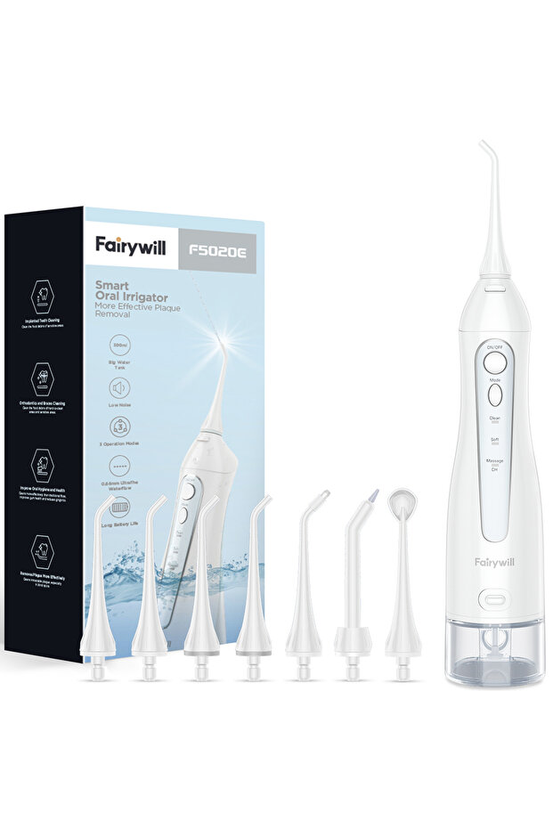 FW-5020E-White Fairywill Water Flossers for Teeth 300ML Oral Irrigator Rechargeable Portable Dental