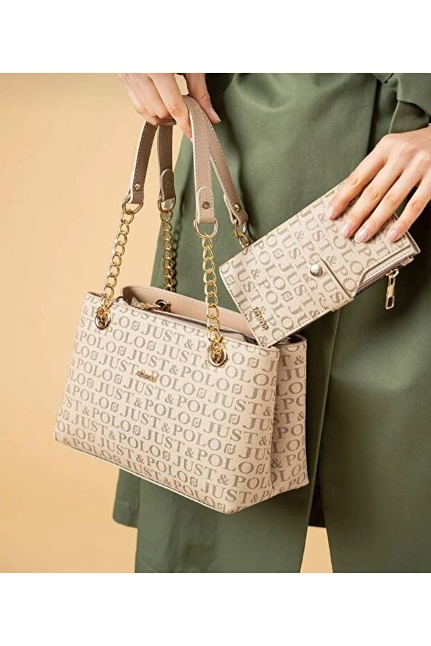 Justpolo Chain Women's Sand Shoulder Bag Adjustable Long Strap Bag Wallet Set