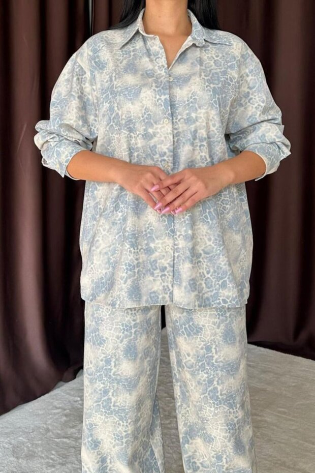 Cottonlab Blue Leopard Print Jacket and Pants Linen Set - 3