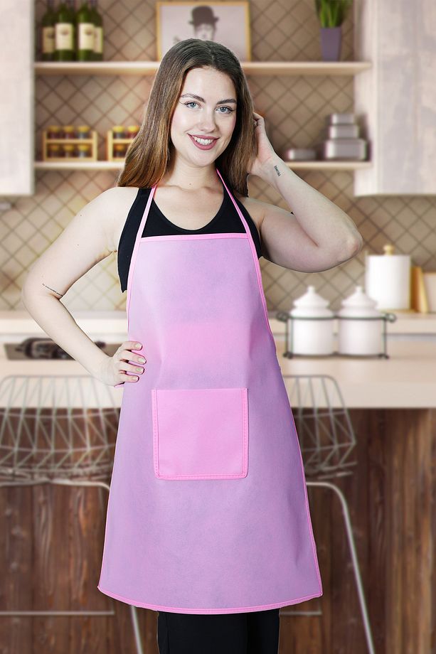 Pembe Spunbond Kalın Kumaş Ve Su Geçirmez Cepli Mutfak, Aşçı Önlüğü - 1