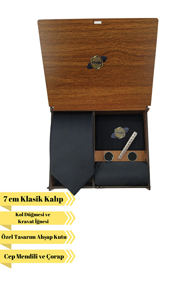 Matte Black Tie with Wooden Box - Pocket Square - Cufflinks - Tie Clip - Socks Set