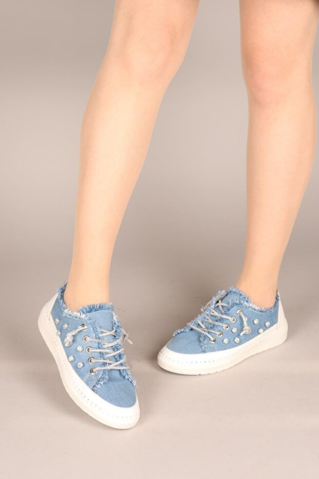 Gusta Stone Laced Sneakers with Stone Detail Denim Blue