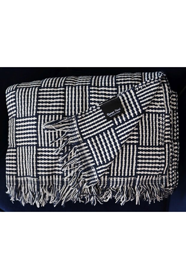 Cotton Pique Blanket - Lint-Free TV Blanket- Room Blanket - Labyrinth Pattern Navy Blue- Soft Texture