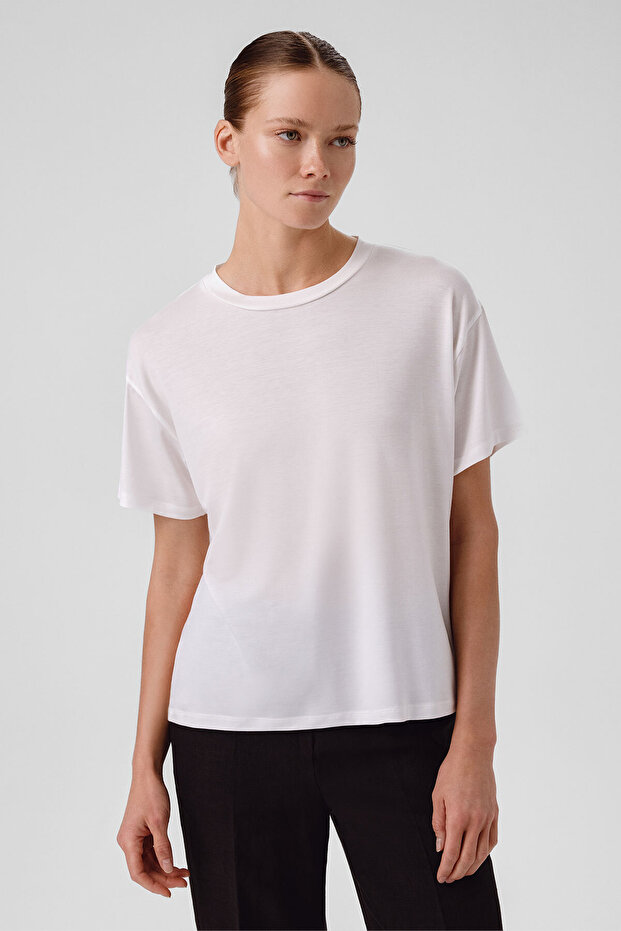 Ekru Bisiklet Yaka Basic Kadın Tişört - 2